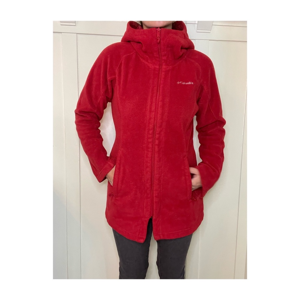 long red Columbia fleece jacket